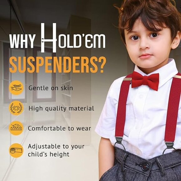 Hold’Em 1” Suspender Pre-tied Bow Tie Set for Kids & Baby - Red Button - Picture 6 of 7